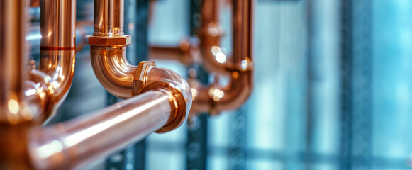 closeup of copper pipes of heating system in boiler room. HVAC service - obrazy, fototapety, plakaty