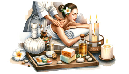 Tranquil Spa Experience with Woman Receiving Back Massage - Watercolor illustration 