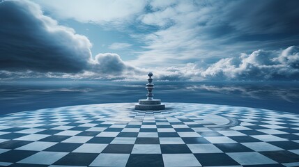 Strategic Solitude: Elegant Pawn on a Tranquil Chessboard Seascape