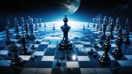 Cosmic Game of Strategy: Chess Pieces Aligned Under a Starlit Sky