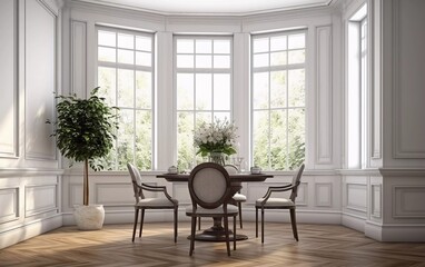 Classic dining room corner with white walls, wooden floor and tall windows. generative ai