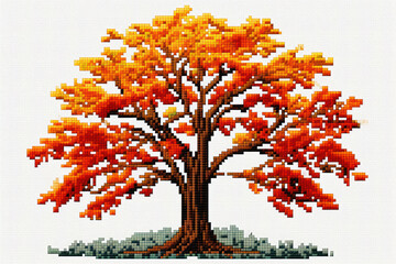 A simple cross stitch design of a tree with autumn leaves on a rustic canvas