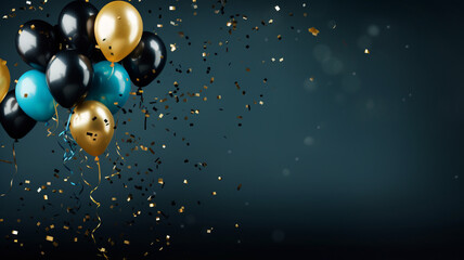 black and gold balloons with bright colors confetti on dark background