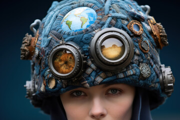Globe-shaped hat worn by a person, close-up emphasizing the hat with their adventurous eyes in view