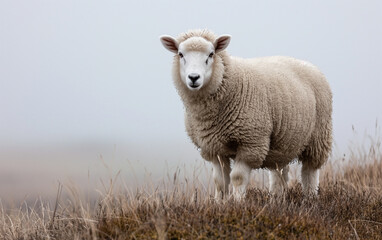 Sheep in the farm standing on dry grass. Generative AI