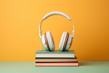 Audiobook concept with headphones and books on colorful background