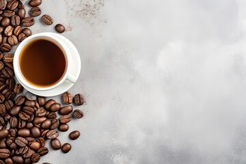Black coffee white cup chocolate and coffee beans in glass jar on concrete background Top view text space