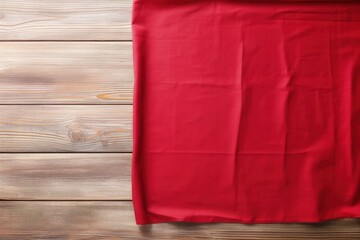 Blank white wooden table with red tablecloth Overhead view Empty space for product display Text can be added