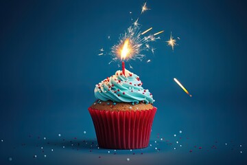 Blue cupcake with red and white sprinkles and lit sparkler on blue bg