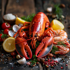 Lobster and shrimps with slices of lemon and garnishes on a textured wooden surface,AI generated