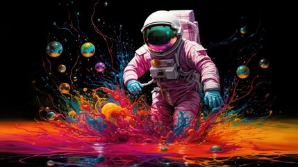  Astronaut wear space suit and fly in the colorful bubbles galaxy.