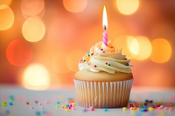 Candlelit cupcake for a celebration with shopping plan and bokeh lights