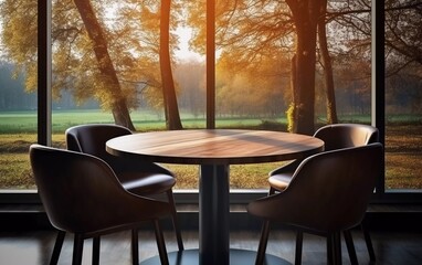 round table stands in the corner of the cafe with chairs and wood nearby and a panoramic window. generative ai