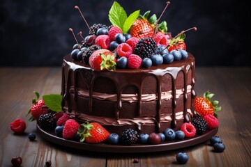 Chocolate cake adorned with assorted berries on a white table including strawberries blueberries and red currants