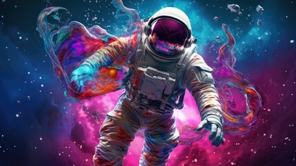  Astronaut wear space suit and fly in the colorful bubbles galaxy.