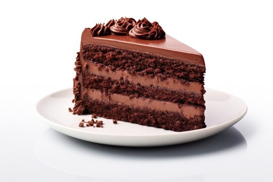 Chocolate cake slice with decorative curl on plain background