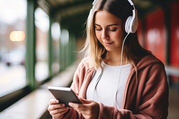 Close up of young woman using earphones and holding smartphone for audio book