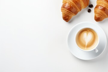 Coffee cup croissant layout on white background Healthy eating sweet food concept French breakfast Flat lay top view Design element - obrazy, fototapety, plakaty