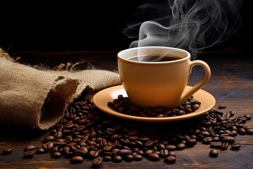 Coffee cup with smoke and beans on burlap sack on wooden backdrop