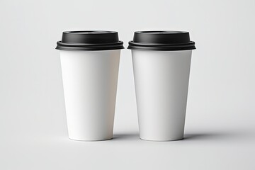 Coffee cups in white and black with holder floating in air