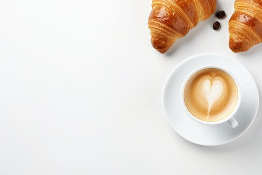 Coffee cup croissant layout on white background Healthy eating sweet food concept French breakfast Flat lay top view Design element - Powered by Adobe