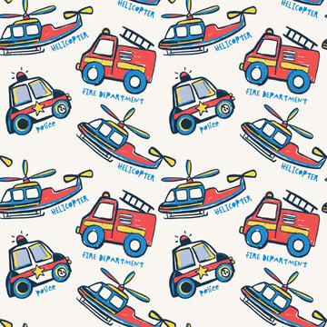 Cute funny hand drawn police car fireman department helicopter vehicles trucks pattern and graphic tee design for kids market as vector