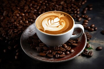Cup of cappuccino or coffee with milk made from roasted beans on a coffee background