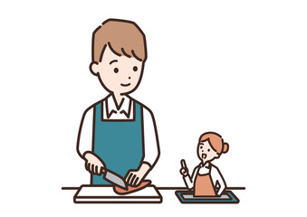 タブレットでレシピを見ながら料理をする男性のイラスト