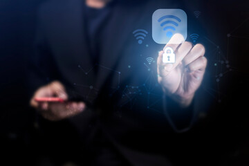 Wifi Wireless internet connection network technology concept. Hand pressing button on virtual screen. icon security key lock and unlock on the virtual display. The concept of security technology.