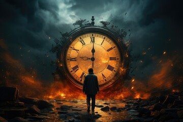 Clock running into a background with a person going through, in the style of poster. Time traveler background concept. - obrazy, fototapety, plakaty