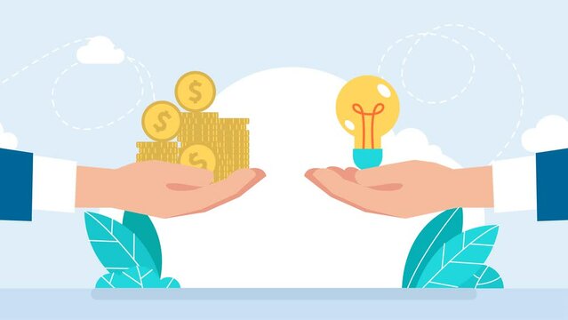 Hand holds money and light bulb. Businessman hands with yellow shining bulb and money. Buy idea, invest in innovation. Ideas exchange, buy. Financial success, investment. 2d flat animation	
