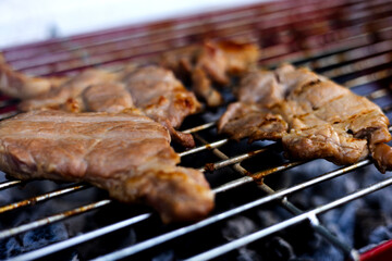 Barbecue Meat On Outdoor Grill.
