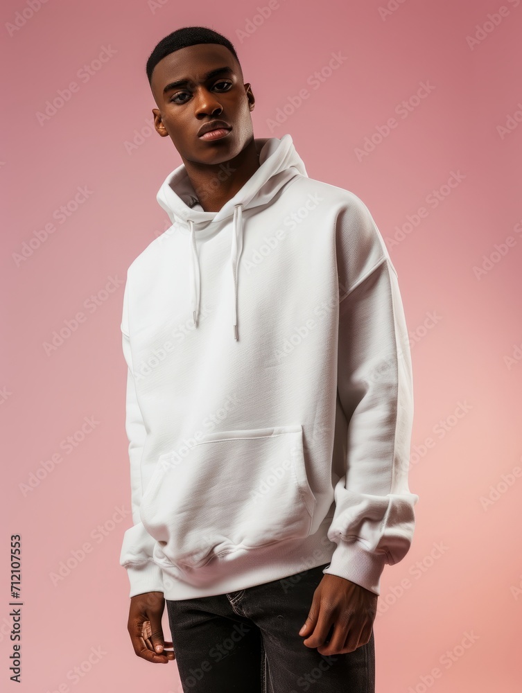 Wall mural man wearing white pullover hoodie with black jeans isolated on plain background