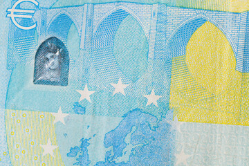 Fragment part of 20 euro banknote close-up