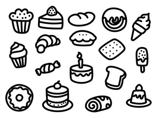 Set of cake and sweets doodles on a white background. Hand-drawn cakes and sweets vector illustration