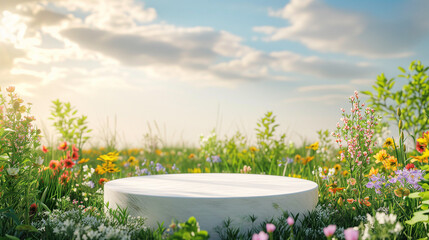 3d render White podium product stand with natural colorful flowers and grass field on spring scene background for advertising banner, cosmetic, perfumed, fragrance, spring season, summer sunlight