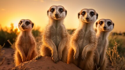 Fototapeta premium A curious meerkat family standing upright