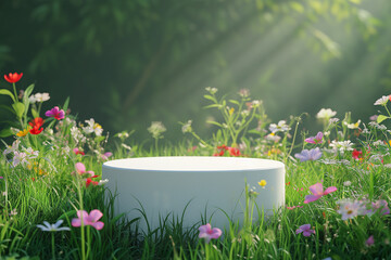 Fototapeta na wymiar 3d render White podium product stand with natural green grasses and colorful flowers on spring scene background for advertising banner, cosmetic, perfumed, fragrance, spring season, Organic