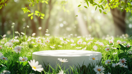 Fototapeta na wymiar 3d render White podium product stand with natural green grasses and colorful flowers on spring scene background for advertising banner, cosmetic, perfumed, fragrance, spring season, summer sunlight