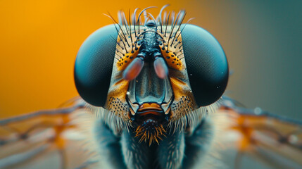 A close-up of a fly's head, focusing on the symmetry of its eyes.