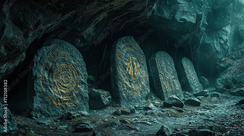 Poster a mysterious set of ancient runes left as imprints in a mystical cave.