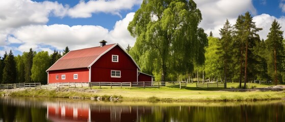 Crimson Reflections, Majestic Red Barn Perched Atop a Verdant Tapestry of Natures Bounty