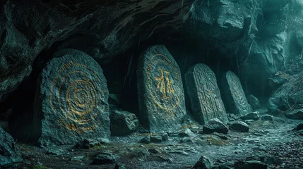 Fotobehang A mysterious set of ancient runes left as imprints in a mystical cave. © Oleksandr