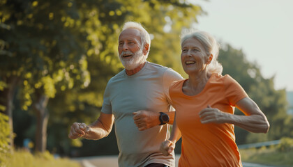 Portrait an elderly couple run on a morning  summer