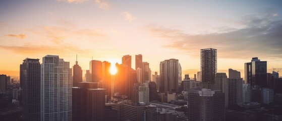 Ethereal Majesty, A Golden Veil Cascades as the Sun Sets Over the Majestic Urban Landscape