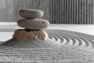 Fototapeta na wymiar A Zen garden scene in abstract form, with raked sand and smooth stones.