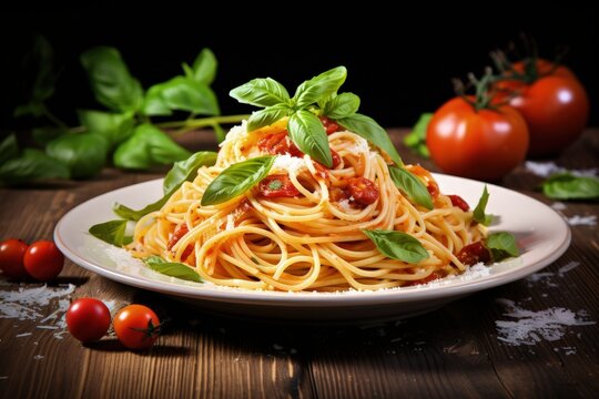 Delicious Italian spaghetti served on rustic wood table viewed from a low angle topped with fresh basil and grated parmesan