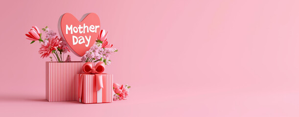 3D render happy mother day banner with copy space. Celebrating mother's day with giftbox, heart and flowers - obrazy, fototapety, plakaty