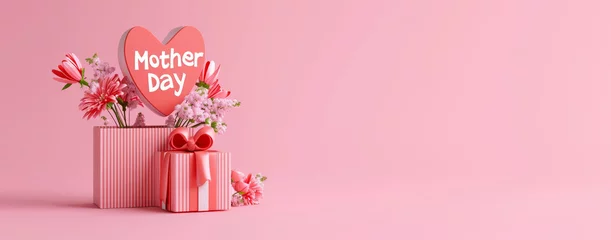 Fotobehang 3D render happy mother day banner with copy space. Celebrating mother's day with giftbox, heart and flowers © Thipphaphone