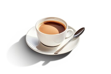 Floating coffee cup with saucer spoon shadow on white